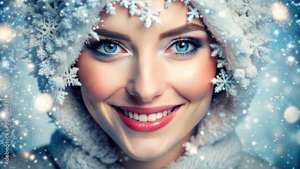 Delicate snowflakes gently fall on a smiling woman's rosy cheeks and eyelashes, her bright blue eyes sparkling with joy amidst a serene winter wonderland backdrop. Delicate snowflakes gently fall on a smiling woman's rosy cheeks and eyelashes, her bright blue eyes sparkling with joy amidst a serene winter wonderland backdrop.