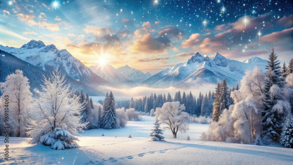 Fototapeta premium Delicate snowflakes gently fall onto a serene winter landscape, casting a magical spell of tranquility and wonder amidst the frozen trees and snow-covered mountains.