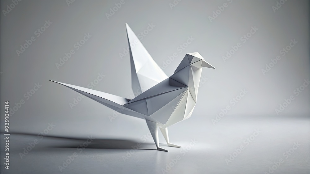 Delicate white paper origami bird perches on a crisp edge, its intricate folds and subtle shadows creating a serene, minimalist composition against a clean background. Delicate white paper origami bird perches on a crisp edge, its intricate folds and subtle shadows creating a serene, minimalist composition against a clean background.