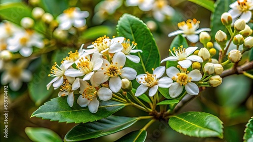 Delicate white petals with yellow centers, Erythroxylum coca flowers blooming on a lush green plant, symbolizing traditional medicine and cultural heritage in the Andes. photo