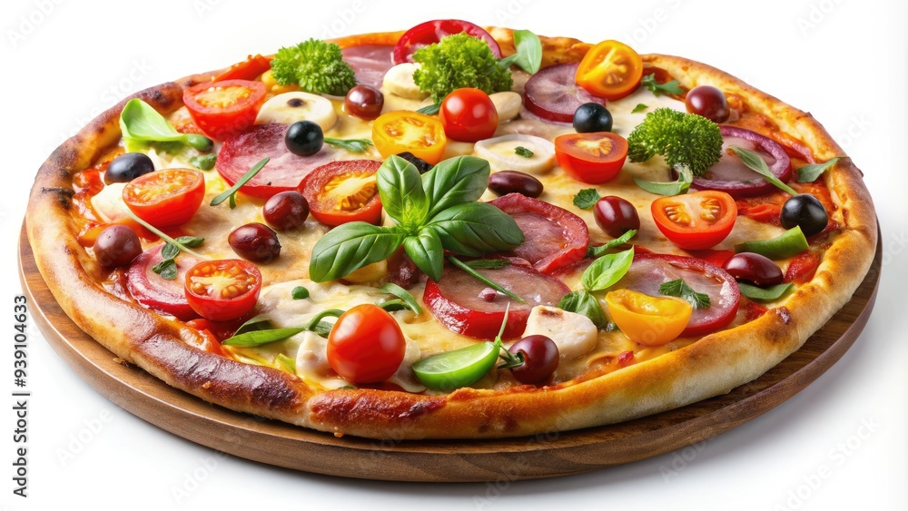 Delicious and perfectly baked pizza with a variety of colorful toppings, including melted mozzarella cheese, fresh vegetables, and savory meats, isolated on a white background. Delicious and perfectly baked pizza with a variety of colorful toppings, including melted mozzarella cheese, fresh vegetables, and savory meats, isolated on a white background.
