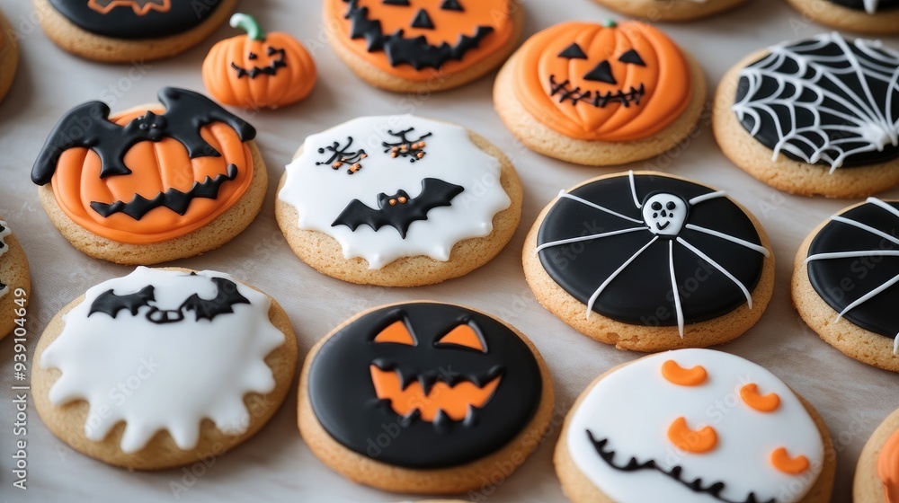 Halloween cookies decorated with icing sugar forming different spooky shapes Halloween cookies decorated with icing sugar forming different spooky shapes