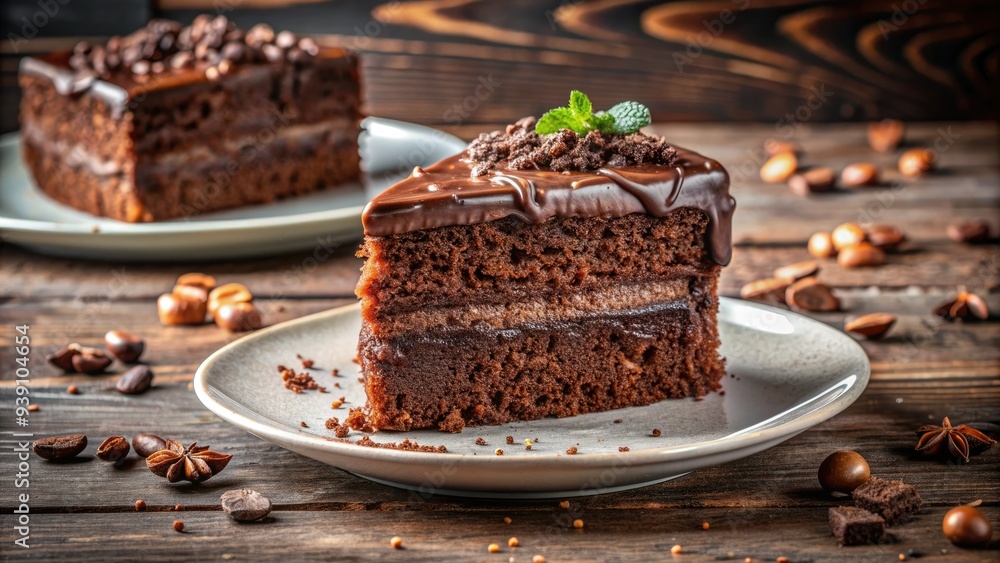 Delicious Chocolate Cake With Scattered Crumbs On A White Plate, Creating A Sweet And Indulgent Scene.