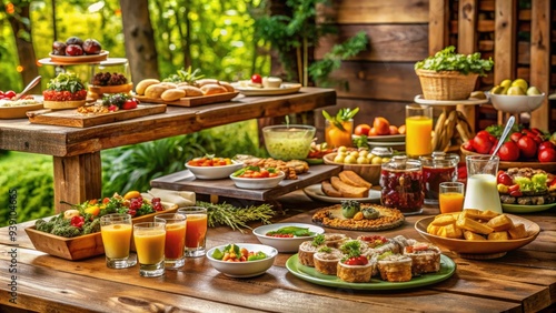 Delicious array of gourmet dishes and drinks on a rustic wooden table, perfect for weddings, parties, and corporate events, showcasing catering services. photo