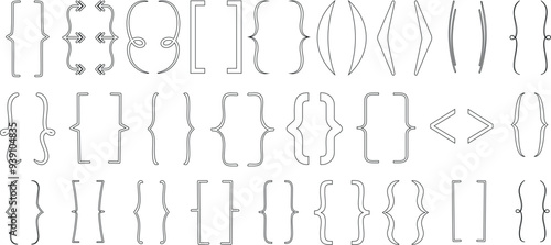 Bracket, braces symbols in various styles. brackets vector elements for design, programming, and text formatting. Perfect for creative projects, coding, and typographic decoration