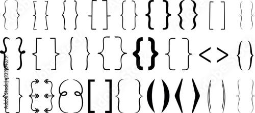 Bracket, braces, parenthes vector set, Diverse curly bracket styles for design, coding, and typography. Ideal  symbol for software, graphic design, and programming visuals