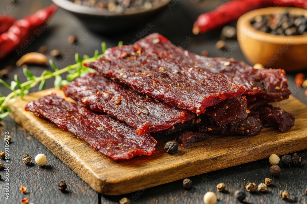 Spicy beef jerky lying on wooden cutting board with herbs and spices Spicy beef jerky lying on wooden cutting board with herbs and spices