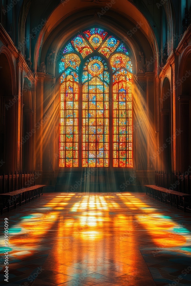 Sun shining through stained glass window in church Sun shining through stained glass window in church