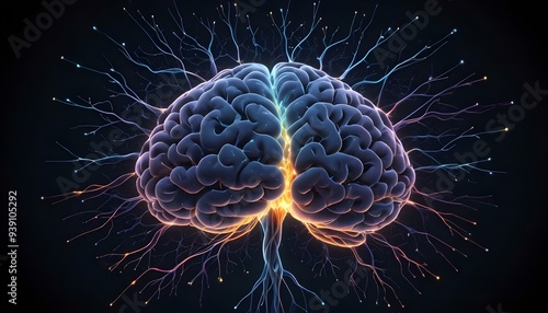 A image of a 3d rendered illustration of a electronic metal human brain with neon growing lightning