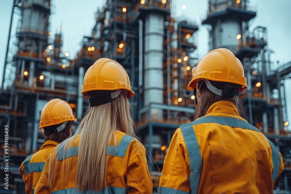 Team of female engineers wearing hard hats standing in front of an industrial plant Team of female engineers wearing hard hats standing in front of an industrial plant