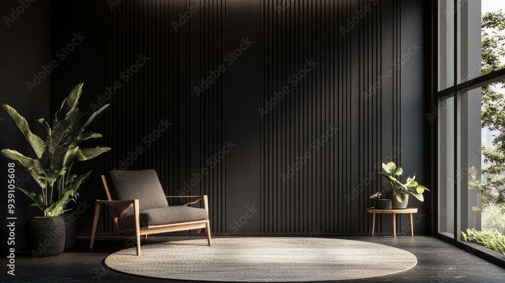 Obraz premium Modern minimalist living room with black wall and green plants