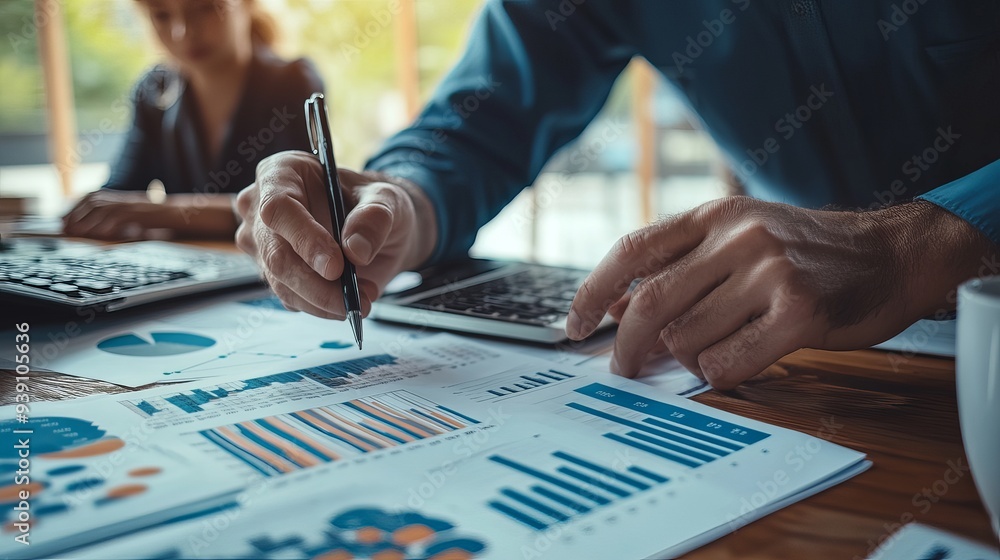 Business financial discussion between an accountant and a partner auditing finance planning and sales targets for the upcoming year Stock market and financial planning concept