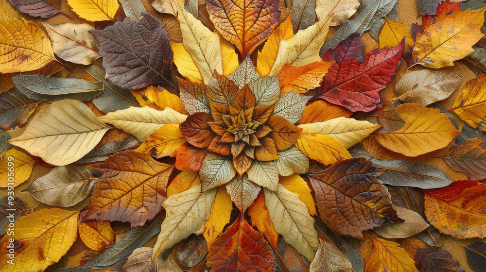 Fototapeta premium Colorful Autumn Leaves Arranged in a Symmetrical Pattern Creating a Vibrant Seasonal Background