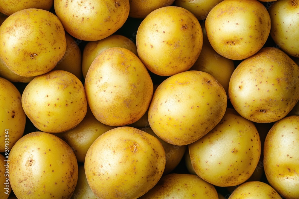 Raw yellow potatoes filling the frame in a natural food background
