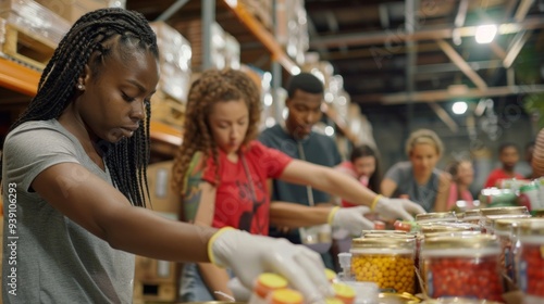 Multiracial group of volunteers packing groceries at community food bank, AI Generative