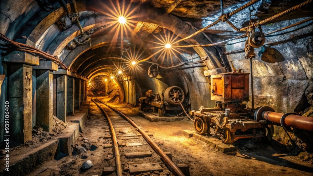 Dimly lit underground mine tunnel with rusty pipes and old machinery scattered along the walls, illuminated by faint overhead lighting and headlamps. Dimly lit underground mine tunnel with rusty pipes and old machinery scattered along the walls, illuminated by faint overhead lighting and headlamps.