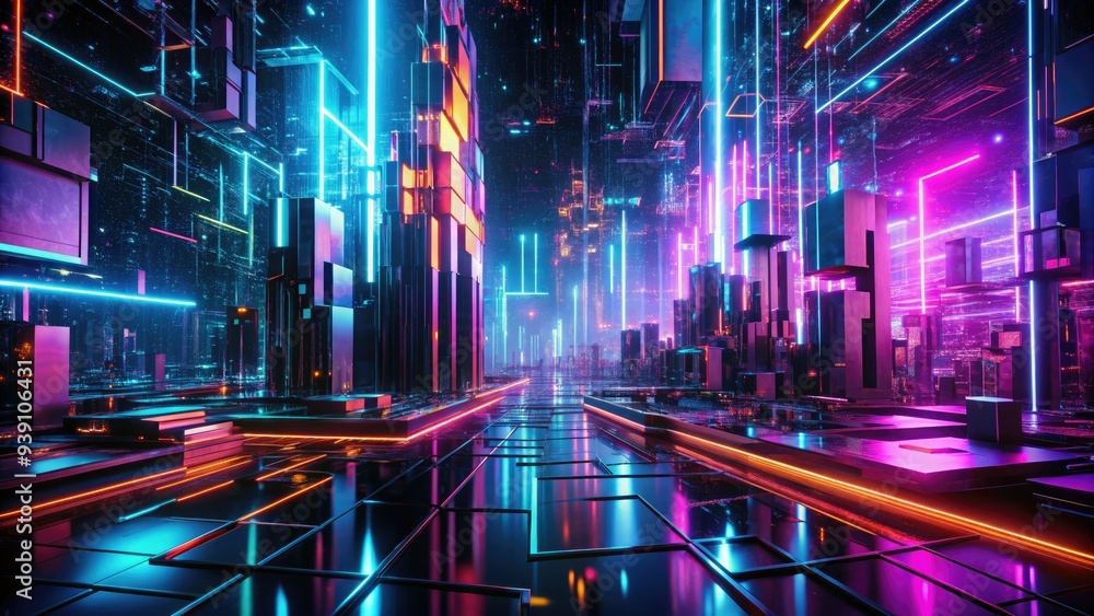 Distorted, neon-lit typographic elements scattered across a futuristic digital landscape, evoking a sense of cyberpunk chaos and technology gone awry. Distorted, neon-lit typographic elements scattered across a futuristic digital landscape, evoking a sense of cyberpunk chaos and technology gone awry.