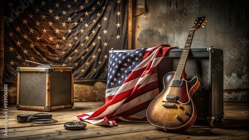 Distressed American flag draped over a worn, rusty guitar amp, surrounded by scattered music sheets and broken drumsticks in a dimly lit backstage area. photo