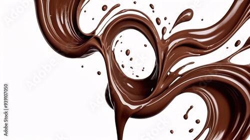 Chocolate splash with drops on white background.