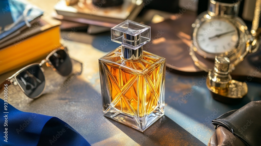 Detailed shot of a perfume bottle with a modern design, surrounded by accessories and a sophisticated setting Detailed shot of a perfume bottle with a modern design, surrounded by accessories and a sophisticated setting