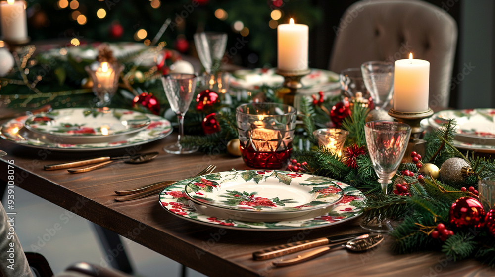 A festive dining table set with Christmas-themed plates, candles, and greenery A festive dining table set with Christmas-themed plates, candles, and greenery