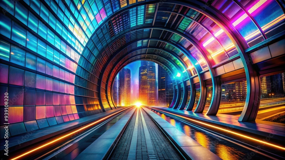 Dramatic blurred background with converging lines, vibrant colors, and abstract shapes, creating an eerie and futuristic tunnel effect on a modern urban city wall. Dramatic blurred background with converging lines, vibrant colors, and abstract shapes, creating an eerie and futuristic tunnel effect on a modern urban city wall.