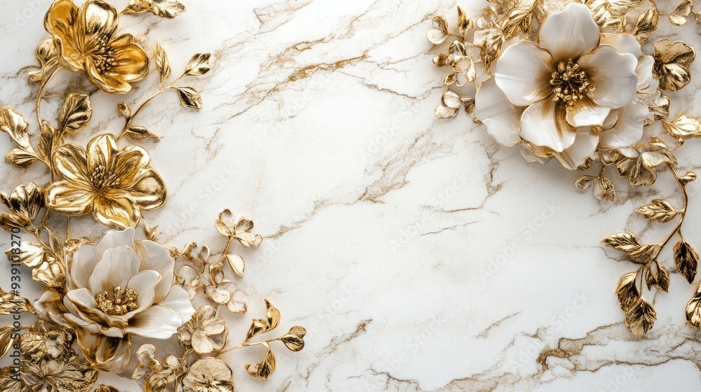 Symphony of gold floral designs gracing a white marble background, perfect for an exclusive and elegant wedding aesthetic. Symphony of gold floral designs gracing a white marble background, perfect for an exclusive and elegant wedding aesthetic.