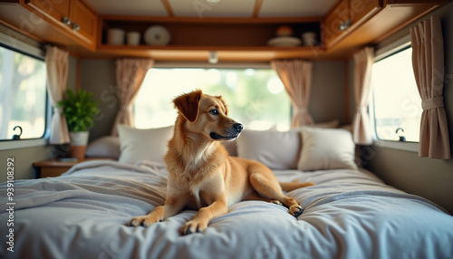 A dog sitting on a bed at the back of an RV.