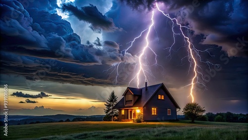 Dramatic nighttime scene of a lightning bolt illuminating a dark sky, casting an eerie glow on a solitary house with a pitched roof.