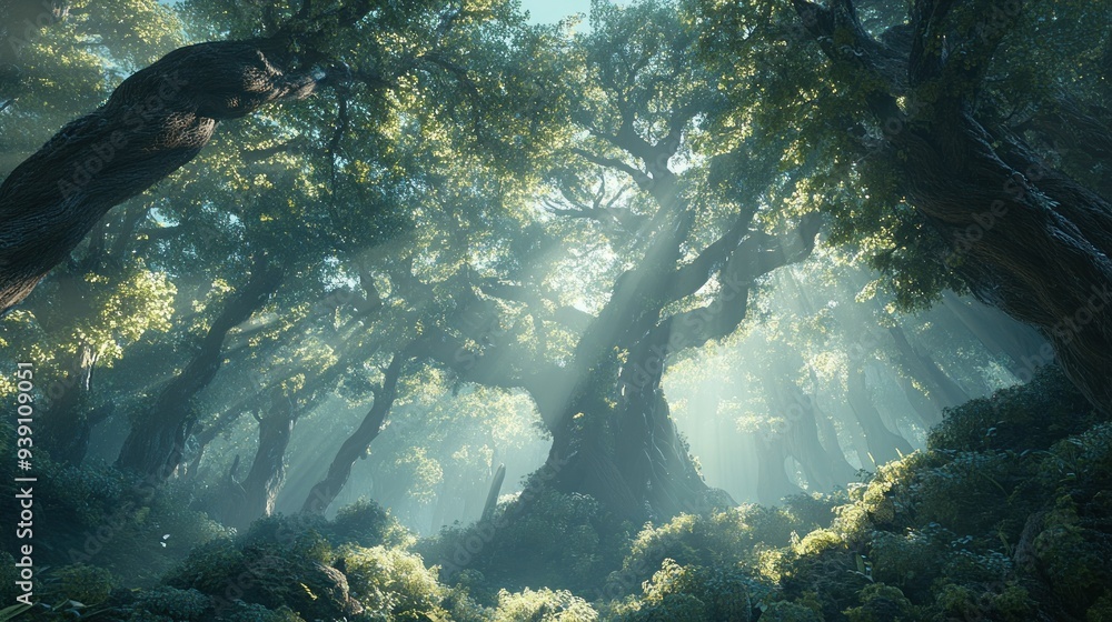 Fototapeta premium Sunbeams Illuminating a Dense Forest Canopy