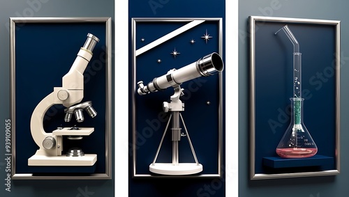 Microscope, telescope, laboratory equipment on blue background. Ideal for science, research, education, technology, or astronomyrelated concepts photo