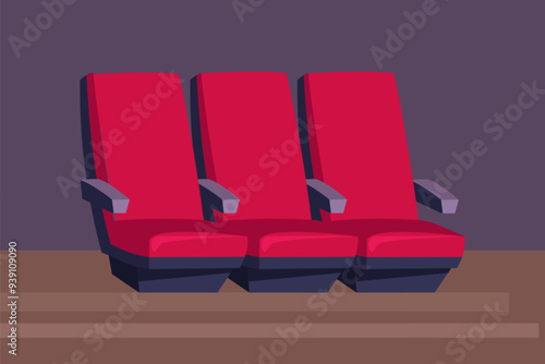 Cinema theater hall with row of red seats for audience on dark background. Cartoon vector illustration of empty auditorium interior with chairs. Conference, opera, concert hall. Movie time.