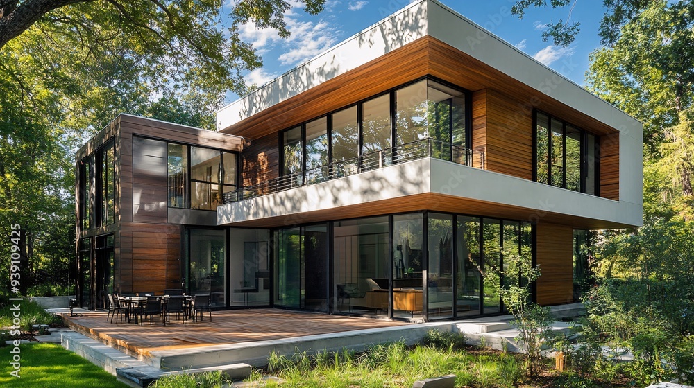 Smart home exterior featuring adaptive window shading and solar energy systems Smart home exterior featuring adaptive window shading and solar energy systems