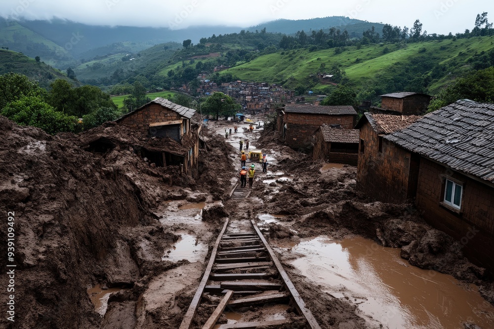 A significant landslide destroys railroad tracks and surrounding homes, leaving a muddy mess and prompting cleanup and repair efforts from workers amid ongoing challenging conditions. A significant landslide destroys railroad tracks and surrounding homes, leaving a muddy mess and prompting cleanup and repair efforts from workers amid ongoing challenging conditions.