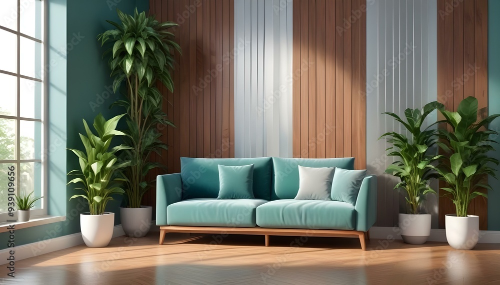 Interior mockup In a white room a blue sofa is placed next to a photo frame on the wall Interior mockup In a white room a blue sofa is placed next to a photo frame on the wall