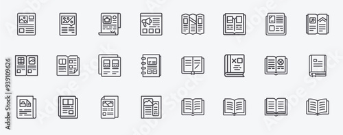 Brochures magazines flyers books linear icons set, pile mockup stack paper