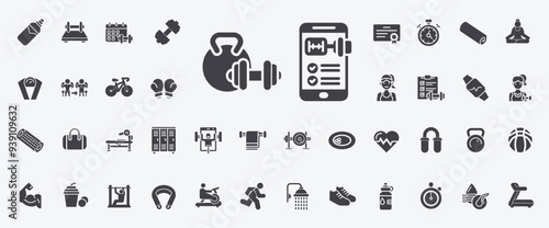 Fitness glyph icon various activities equipment concepts related to physical fitness exercise healthy lifestyle, stationary machine yoga rowing bike elliptical