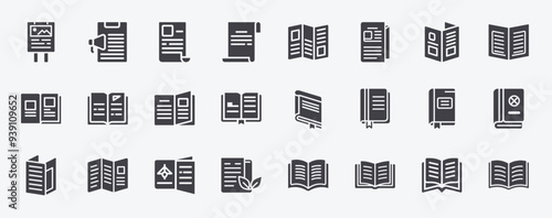 Set glyph icons concepts related to ads flyers brochures catalogs books, information flyer folder education
