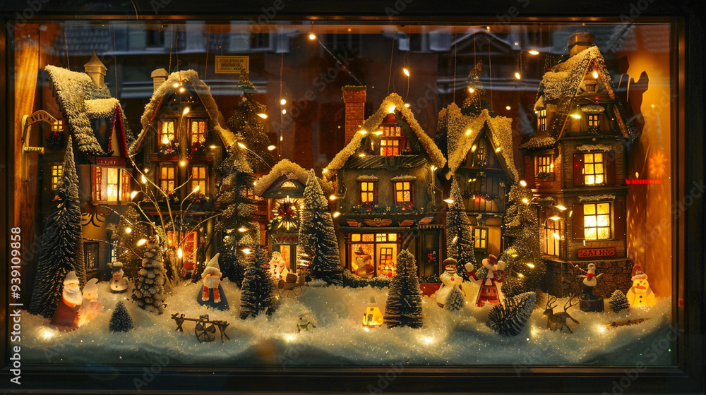 A festive window display, with a Christmas village scene and lights A festive window display, with a Christmas village scene and lights