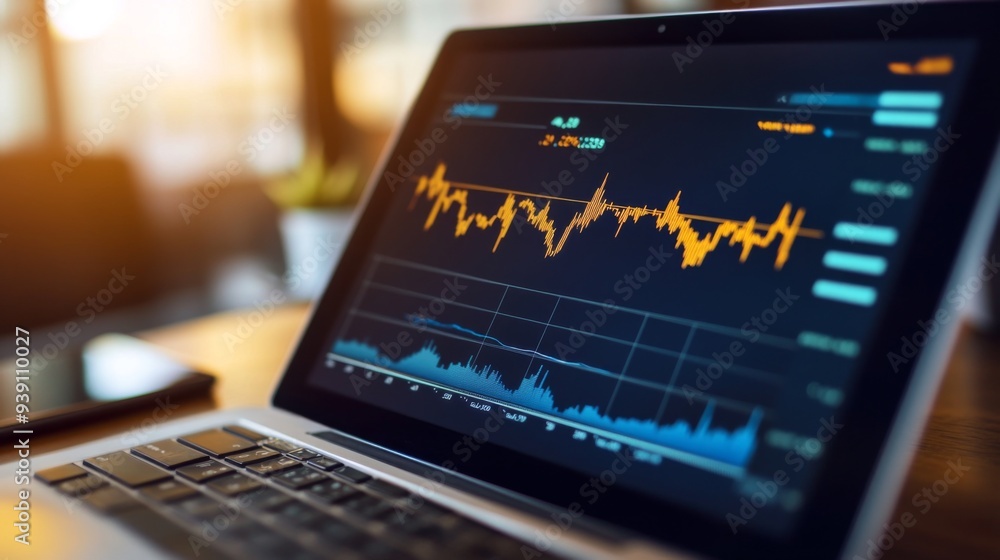 Detailed shot of a stock chart with market trends and performance metrics displayed on a tablet or laptop Detailed shot of a stock chart with market trends and performance metrics displayed on a tablet or laptop