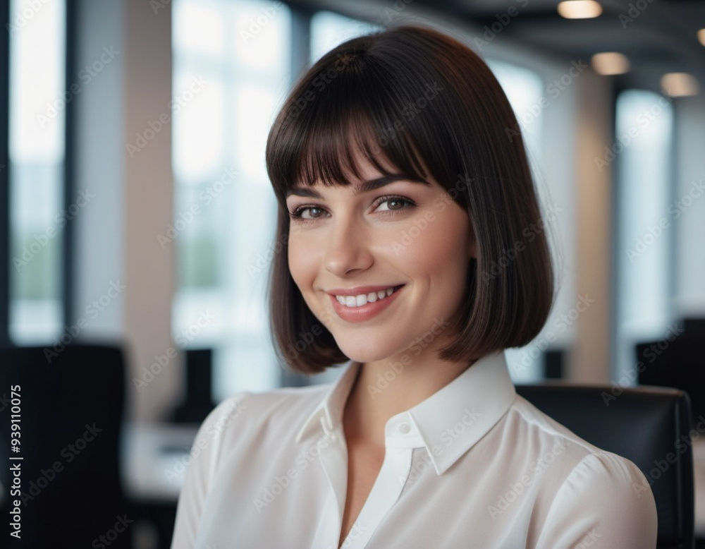 Brunette girl or young beautiful woman with brown eyes, wearing white shirt, in office setting. A bank employee with bob hairstyle listens to you. AI. The girl smiles sweetly, she has white teeth Brunette girl or young beautiful woman with brown eyes, wearing white shirt, in office setting. A bank employee with bob hairstyle listens to you. AI. The girl smiles sweetly, she has white teeth