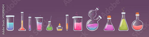 Laboratory glass beakers vector set. Lab chemistry tests. Flasks with liquid reagent. Cartoon 3D glassware tubes. Medical and chemical equipment. Scientific experiment and research.