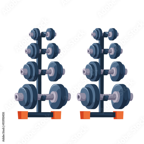 Dumbbells at rack. Gym equipment for workout. Training accessories for sport club or home exercises. Bodybuilding, weightlifting. Isolated flat vector illustration.