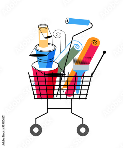 Shopping cart in hardware store. Shop trolley with bucket of paint and plaster, trowel, roller and other tools. Construction store basket emblem. Flat vector illustration isolated on transparent.