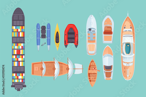 Top view sea boats and ships vector set. Aerial view of various ocean transport. Water vessels. Carriage and maritime transportation.