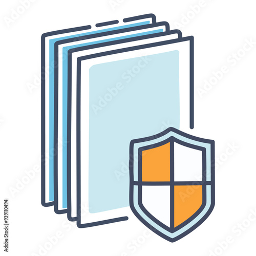 Secured documents protection icon. Illustrated icon depicting a stack of papers with a shield, symbolizing document security, safety, and protection.
