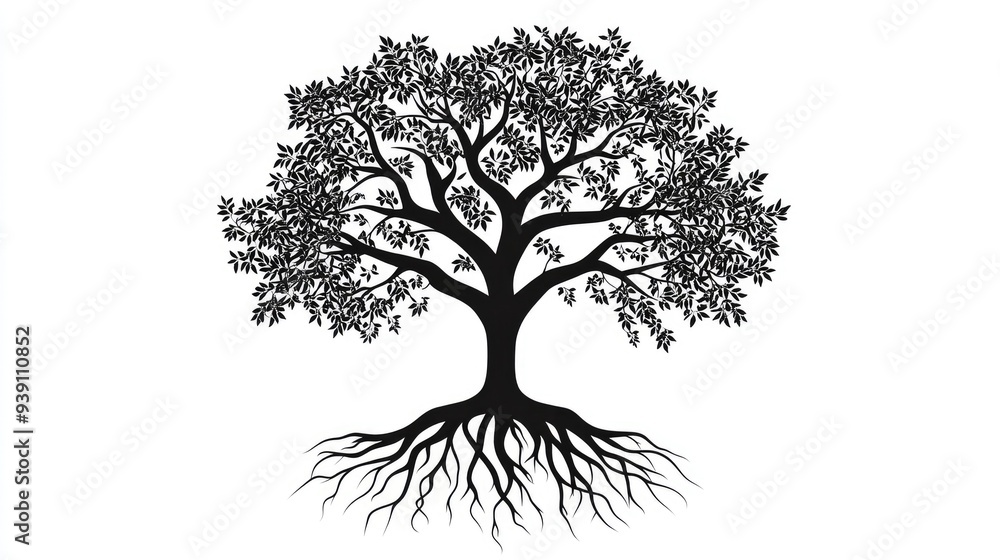 Fototapeta premium Vector illustration of a black tree silhouette with intricate roots, isolated on white, representing stability and growth, minimalist design