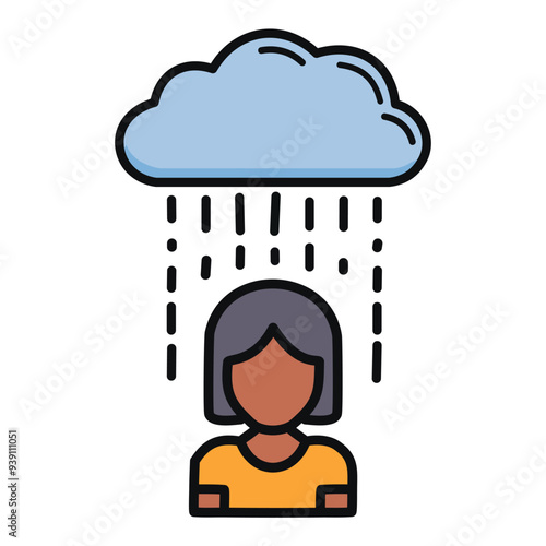 Woman under rain cloud feeling sad. An illustration of a woman standing under a rain cloud, depicting feelings of sadness and melancholy.