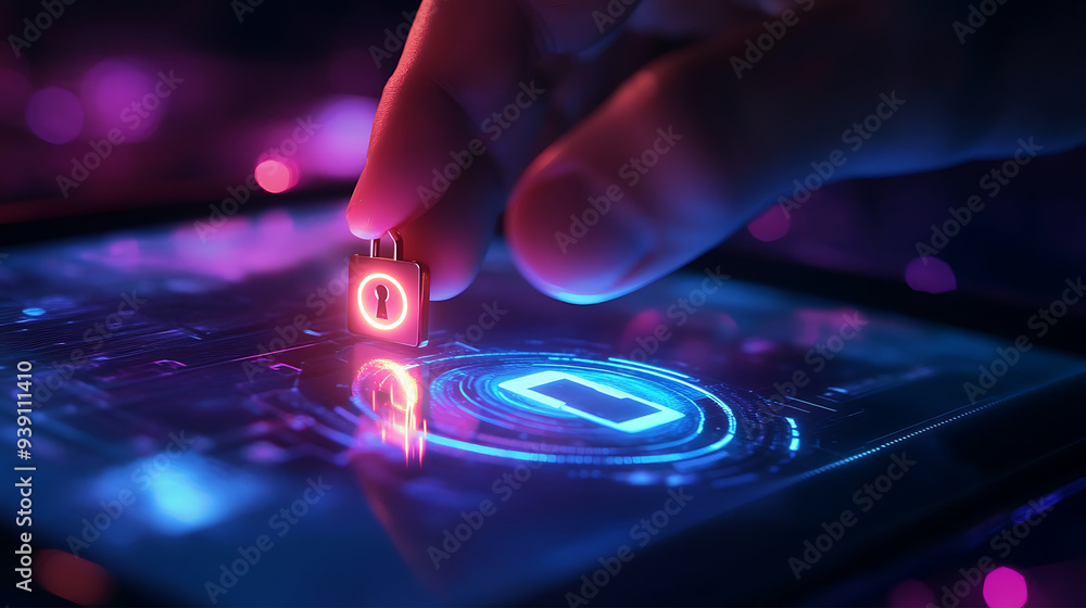 hand holding a glowing digital key in front of a secure digital lock icon on a tablet screen, symbolizing cybersecurity measures hand holding a glowing digital key in front of a secure digital lock icon on a tablet screen, symbolizing cybersecurity measures