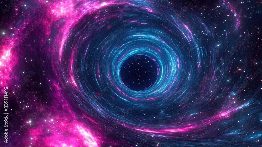 Vibrant 3D cosmic vortex with pink and blue neon lines spinning around a black hole, set against a star-filled galaxy background. Vibrant 3D cosmic vortex with pink and blue neon lines spinning around a black hole, set against a star-filled galaxy background.
